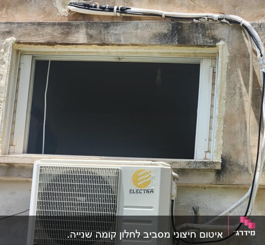 יחידת מזגן חיצונית מותקנת על קיר מתחת לחלון